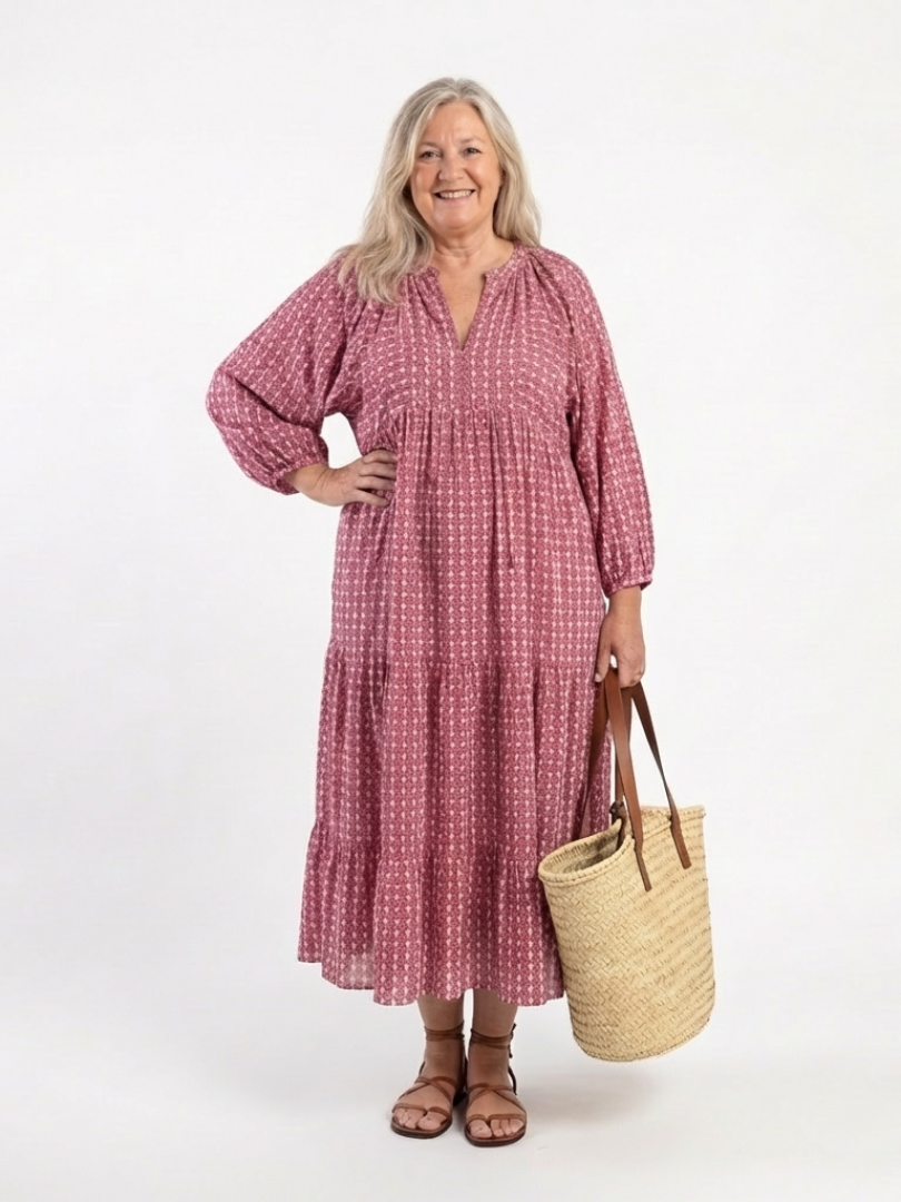 Ferelith — Raspberry Geometric-Print Tiered Maxi Dress with Balloon Sleeves