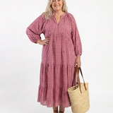 Ferelith — Raspberry Geometric-Print Tiered Maxi Dress with Balloon Sleeves