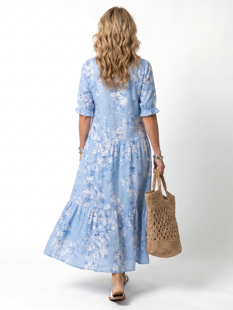 Jarmila — Blue Floral Tiered Maxi Dress with Tassel Ties and Short Sleeves