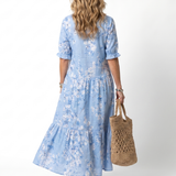 Jarmila — Blue Floral Tiered Maxi Dress with Tassel Ties and Short Sleeves