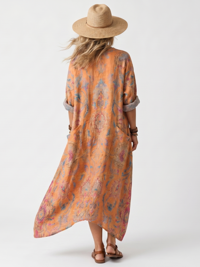Athalie — Orange Paisley-Print Relaxed Midi Dress with Pockets and Notch Neck