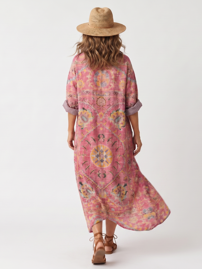 Kjersti — Pink Medallion-Print Relaxed Midi Dress with Pockets