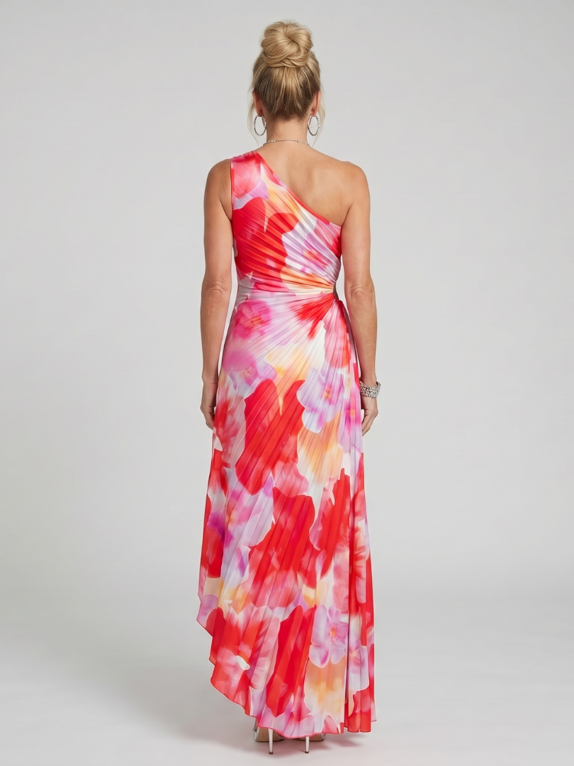 Brynja — Red Floral One-Shoulder Midi Dress with Pleated Bodice