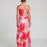 Brynja — Red Floral One-Shoulder Midi Dress with Pleated Bodice