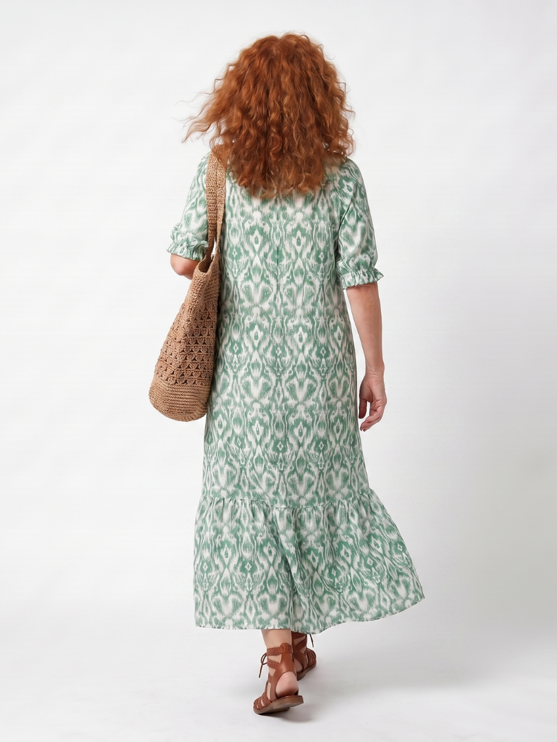 Petronel — Sage Green Ikat-Print Tassel-Tie Maxi Dress with Tiered Skirt