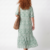 Petronel — Sage Green Ikat-Print Tassel-Tie Maxi Dress with Tiered Skirt