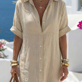 Jozefina — Relaxed Collared Shirt Dress with Short Sleeves and Side Slits