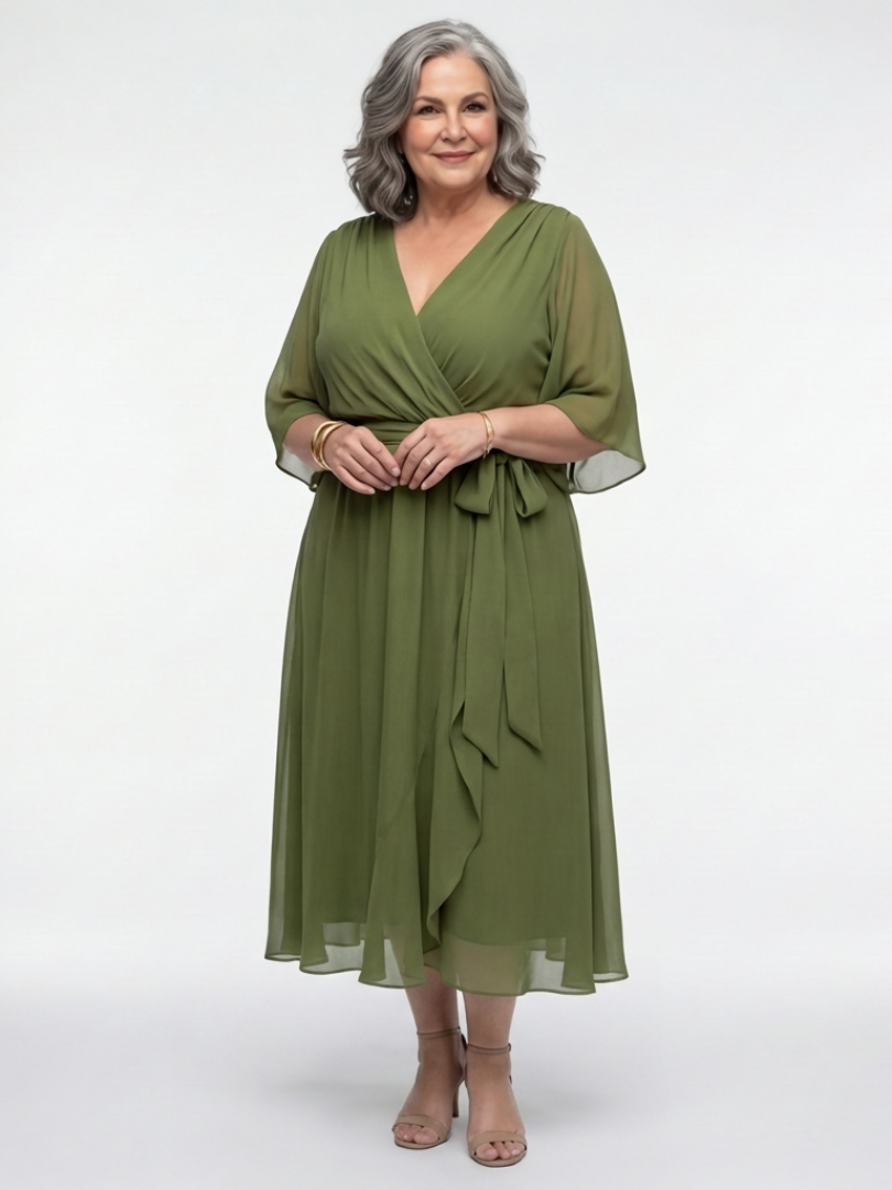 Berthilde — Draped V-Neck Midi Dress with Tie Waist and Flutter Sleeves