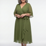 Berthilde — Draped V-Neck Midi Dress with Tie Waist and Flutter Sleeves