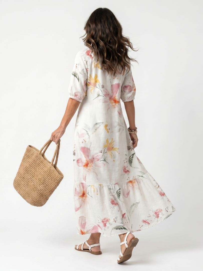 Merewyn — Ivory Soft Floral Tiered Maxi Dress with Tassel Ties