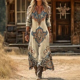Bellatrix — Cream Folk-Print Boho Maxi Dress