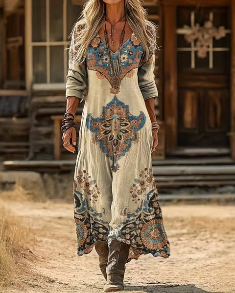 Bellatrix — Cream Folk-Print Boho Maxi Dress
