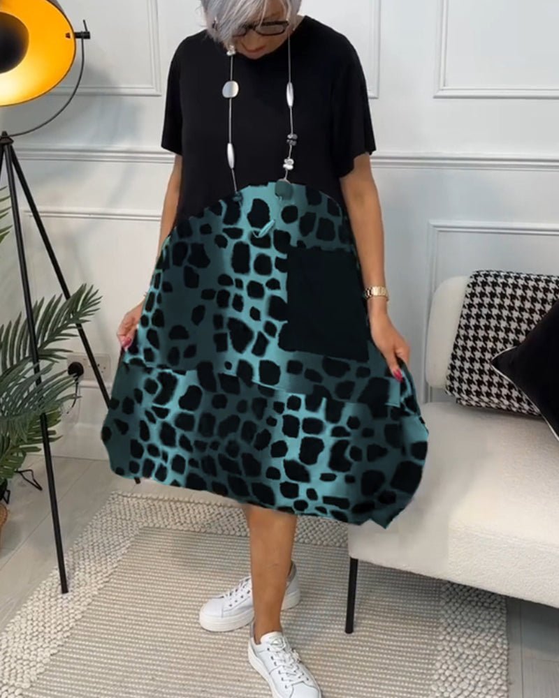Sigrid — Colour-Block Leopard-Print Midi Dress with Pockets