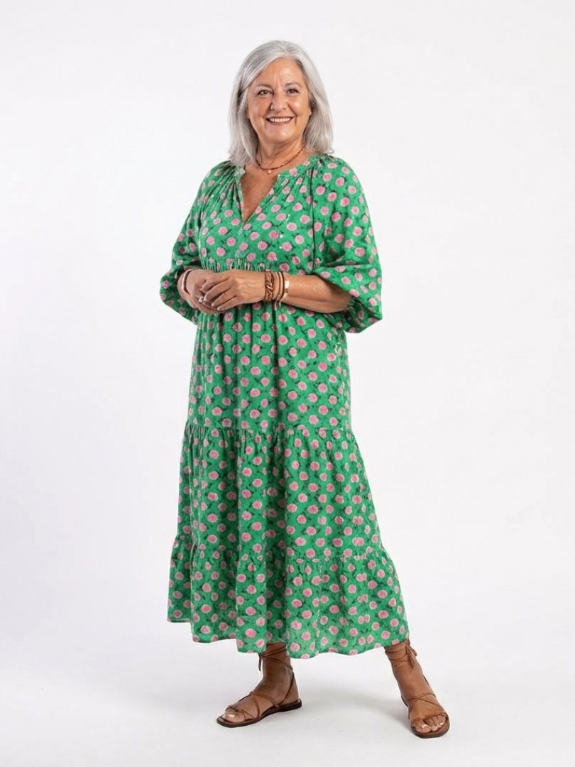 Gerlinde — Green Block-Print Tiered Maxi Dress with Puff Sleeves