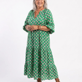 Gerlinde — Green Block-Print Tiered Maxi Dress with Puff Sleeves