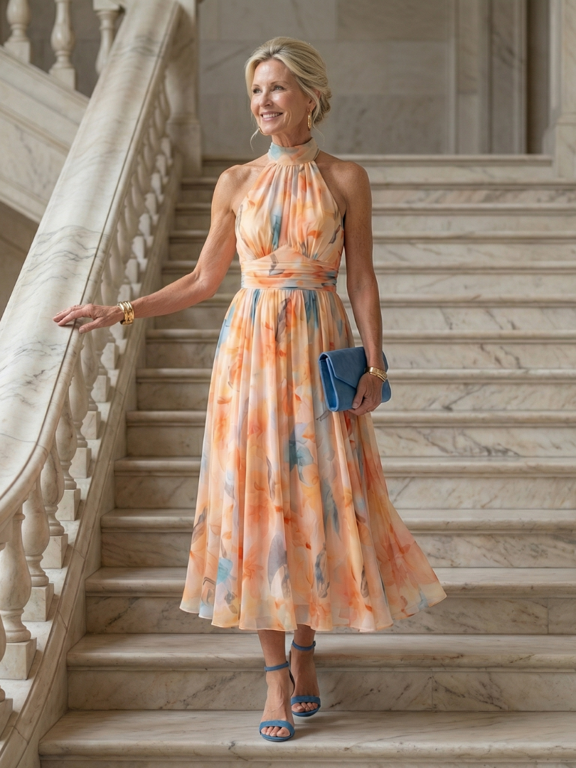 Elgiva — Apricot Watercolour Halter Midi Dress with Gathered Bodice