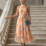 Elgiva — Apricot Watercolour Halter Midi Dress with Gathered Bodice