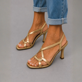 Frida — Golden Strappy Kitten-Heel Sandals