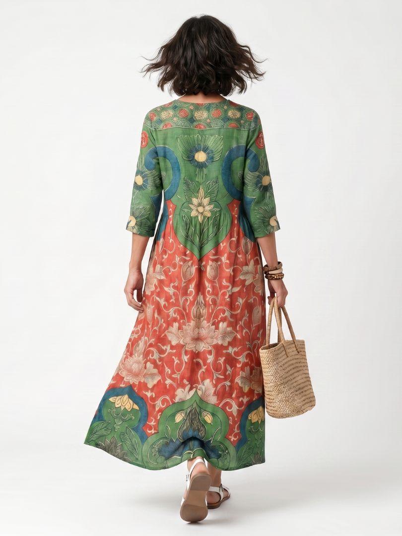 Ellisif — Green and Red Mixed-Print V-Neck Midi Dress with Pockets