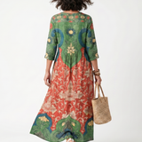 Ellisif — Green and Red Mixed-Print V-Neck Midi Dress with Pockets