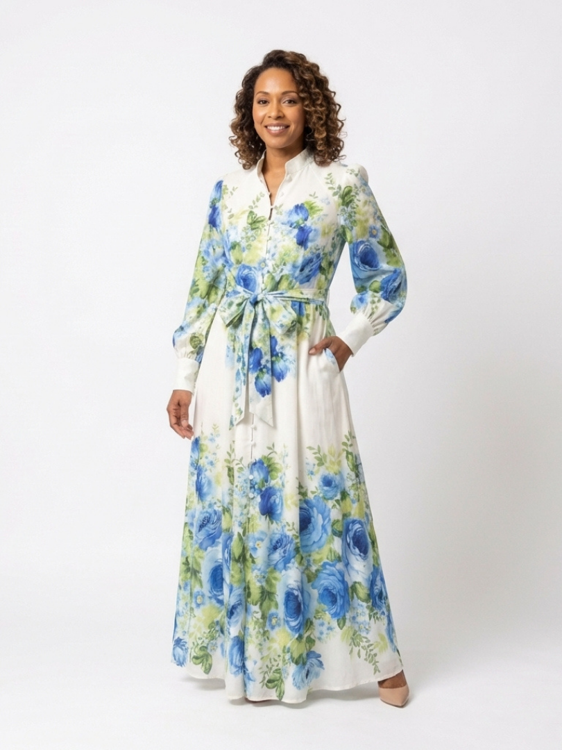 Rikke — Blue Floral Button-Front Maxi Dress with Long Sleeves and Tie Waist