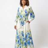 Rikke — Blue Floral Button-Front Maxi Dress with Long Sleeves and Tie Waist