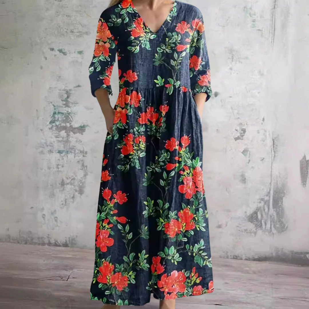 Ottilia — Navy and Red Floral Print V-Neck Maxi Dress