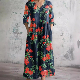 Ottilia — Navy and Red Floral Print V-Neck Maxi Dress