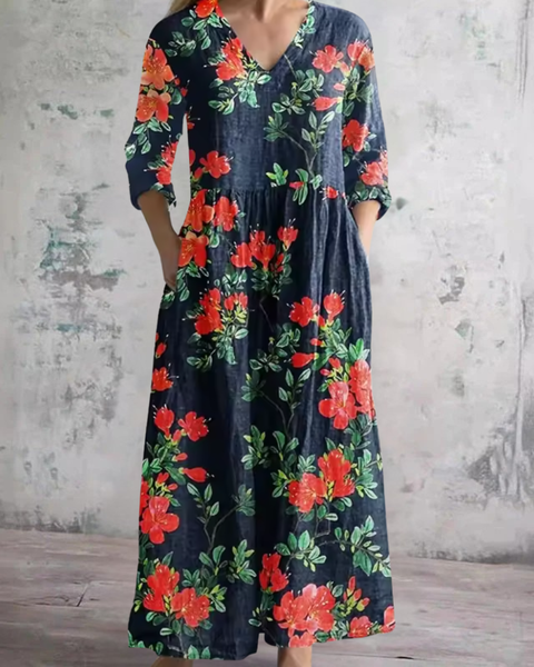 Ottilia — Navy and Red Floral Print V-Neck Maxi Dress