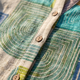 Edmee — Patchwork Print Button-Front Dress with V-Neck and Short Sleeves