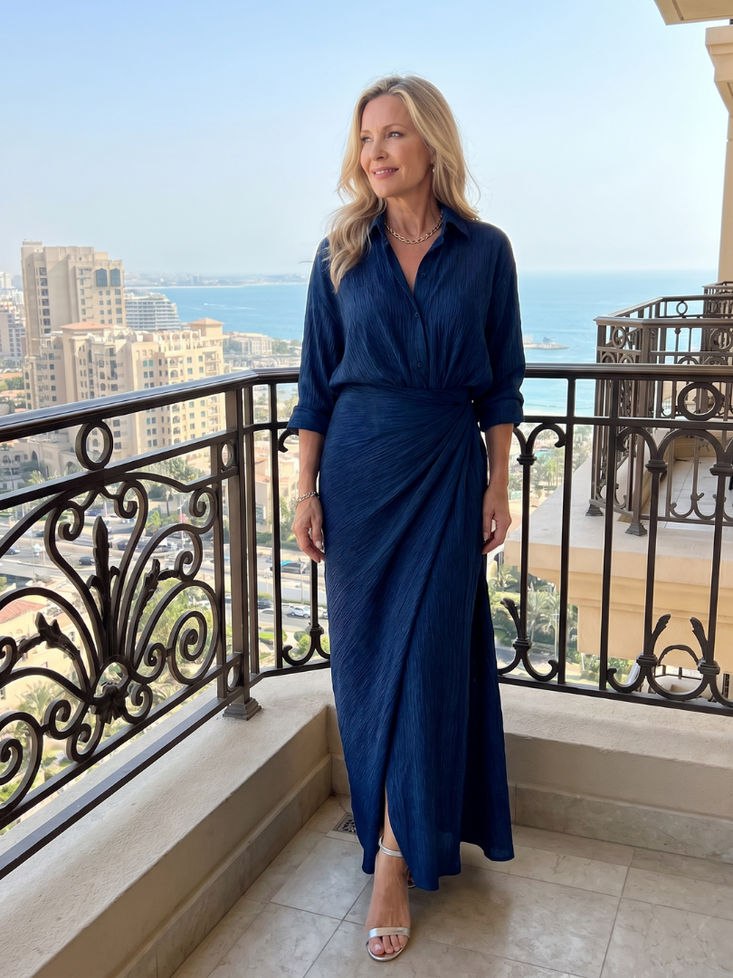 Meinwen — Navy Wrap-Front Long-Sleeve Maxi Dress with Gathered Waist