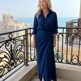 Meinwen — Navy Wrap-Front Long-Sleeve Maxi Dress with Gathered Waist