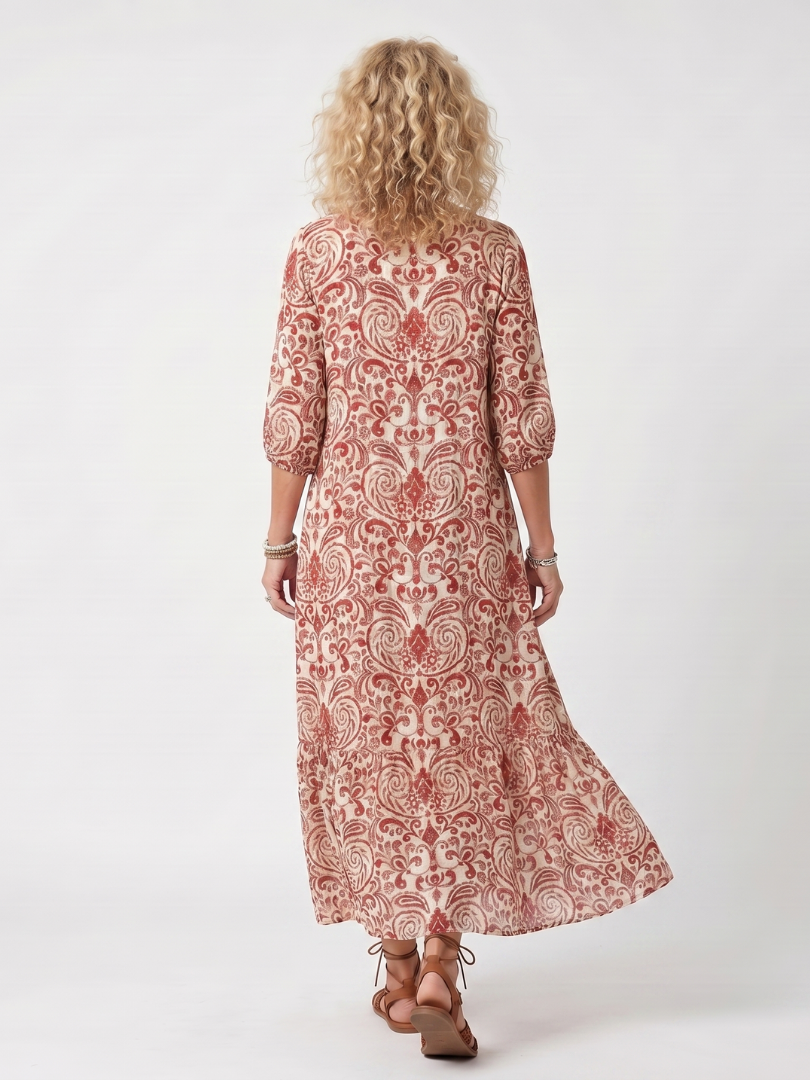 Marzena — Red and Cream Ornate-Print Tassel-Tie Maxi Dress
