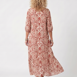 Marzena — Red and Cream Ornate-Print Tassel-Tie Maxi Dress