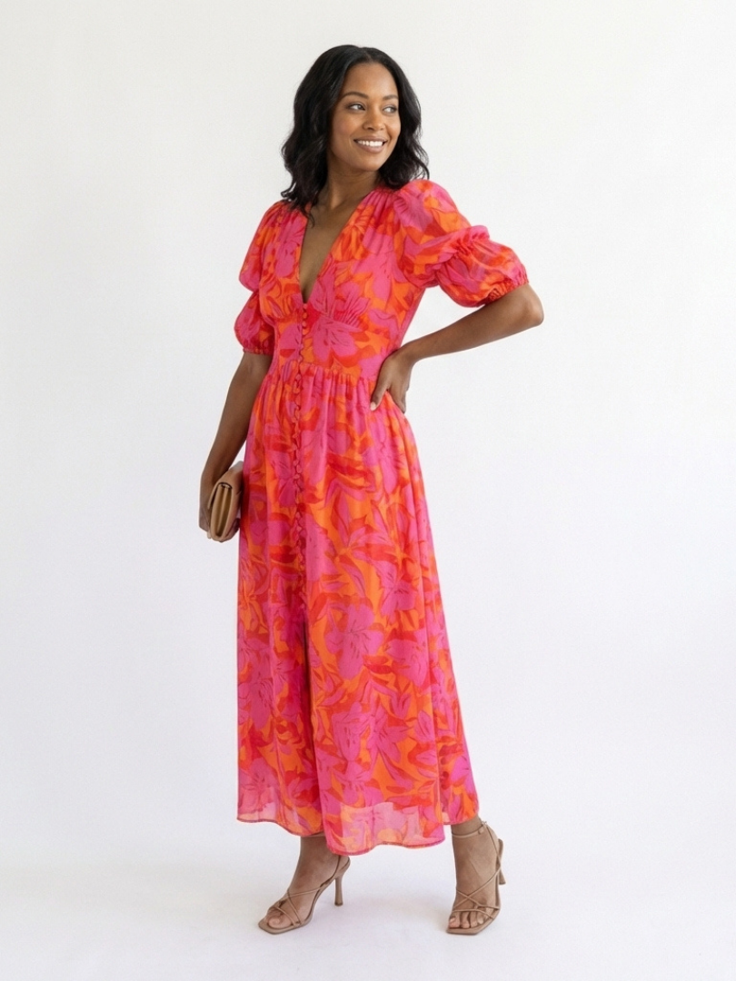 Francine — Floral Puff-Sleeve Midi Dress