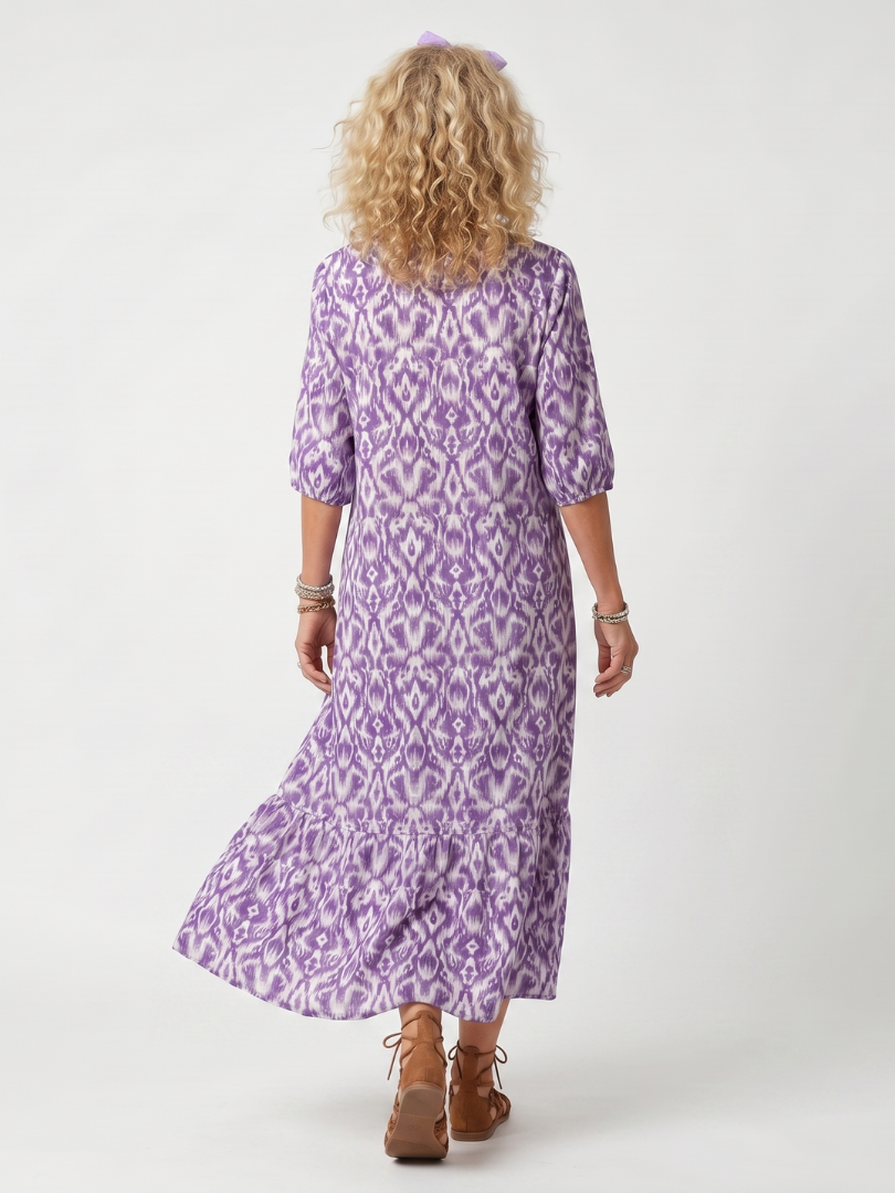Orlaith — Purple Ikat-Print Tassel-Tie Maxi Dress with Tiered Skirt