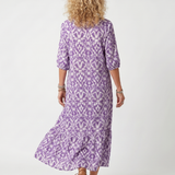 Orlaith — Purple Ikat-Print Tassel-Tie Maxi Dress with Tiered Skirt