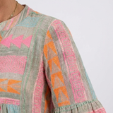 Fainche — Colour-Block Print Tiered Knee-Length Dress with V-Neck and Bell Sleeves