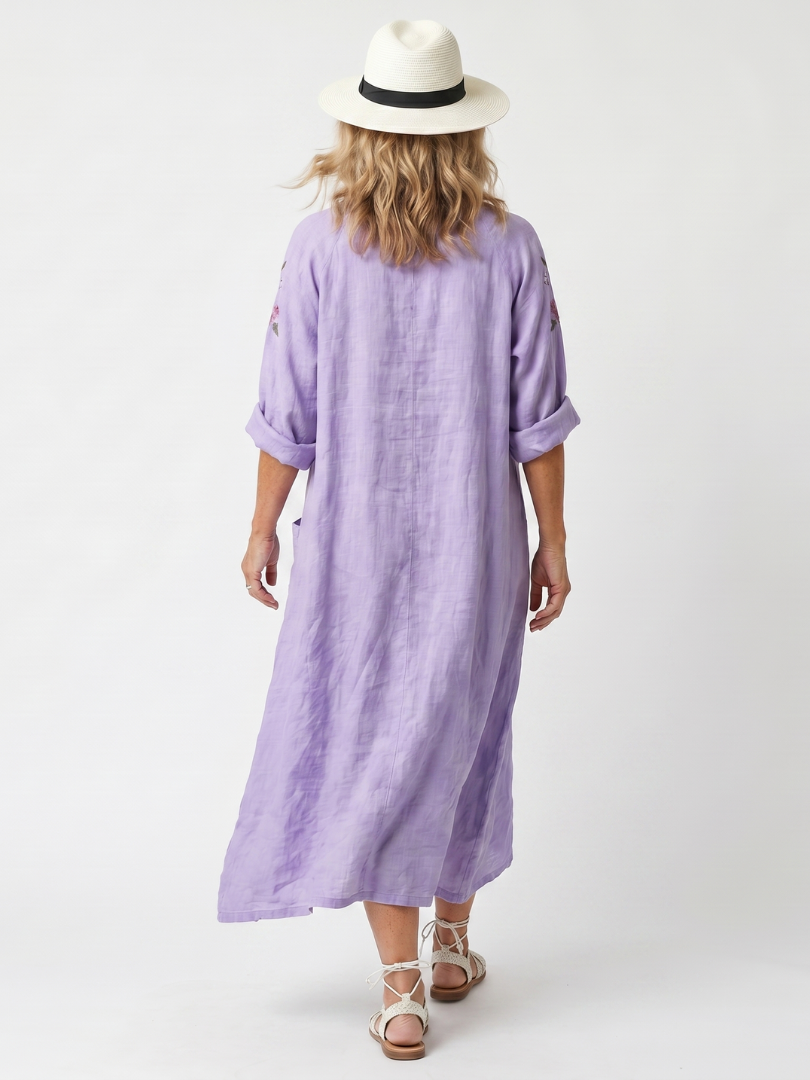 Rozalia — Lavender Floral-Embroidered Relaxed Midi Dress with Pockets