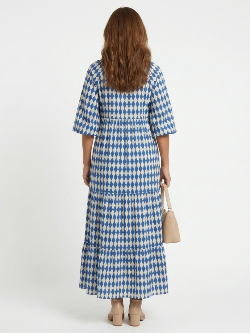 Gytha — Blue Diamond-Print Tiered Maxi Dress with Notch Neckline
