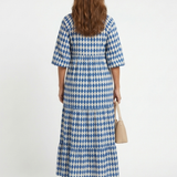 Gytha — Blue Diamond-Print Tiered Maxi Dress with Notch Neckline