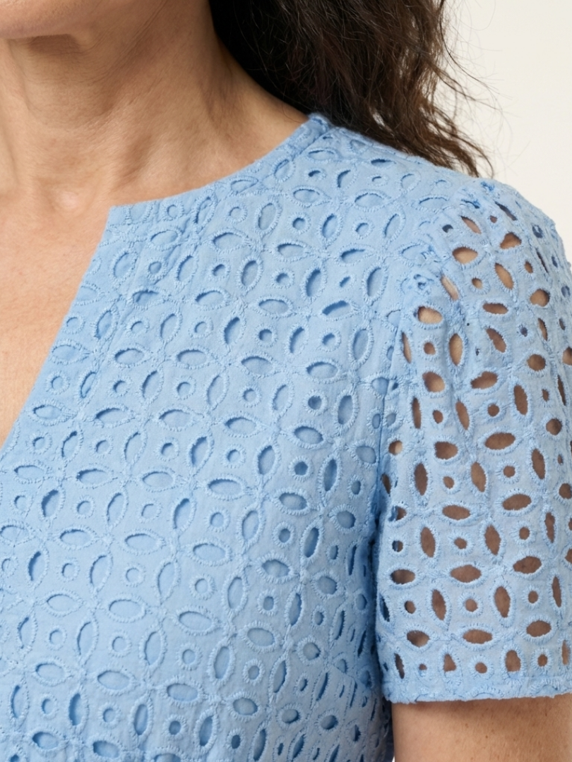 Aslaug — Sky Blue Eyelet-Look Tiered Maxi Dress with Short Sleeves