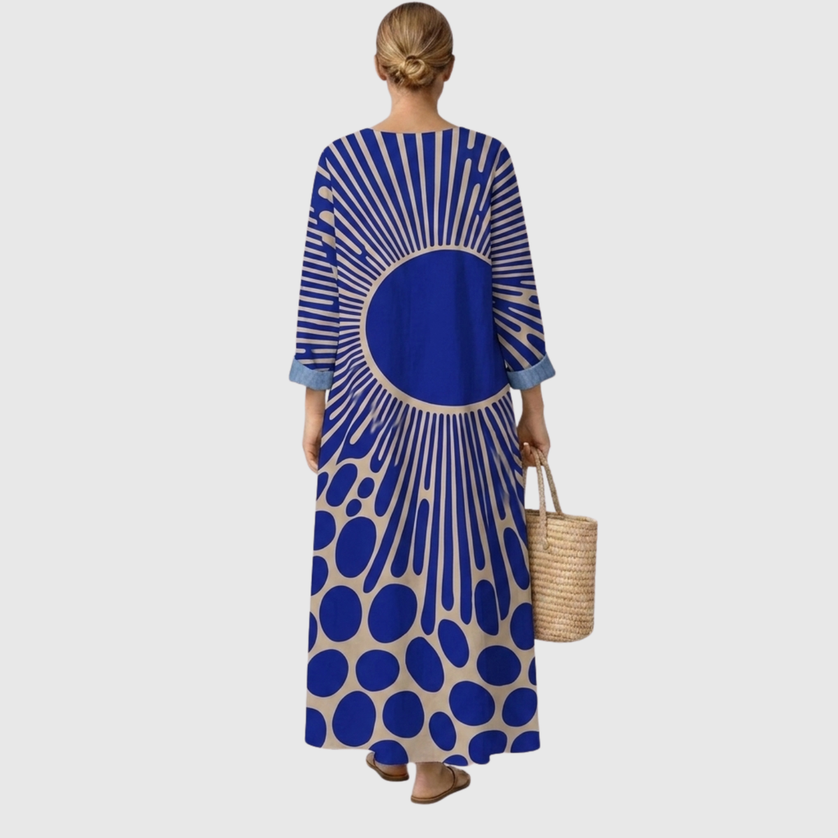 Alaina — Blue Sunburst-Print V-Neck Boho Maxi Dress