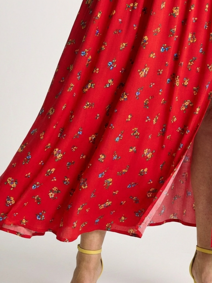 Jorid — Red Square-Neck Maxi Dress with Puff Sleeves and Front Slit