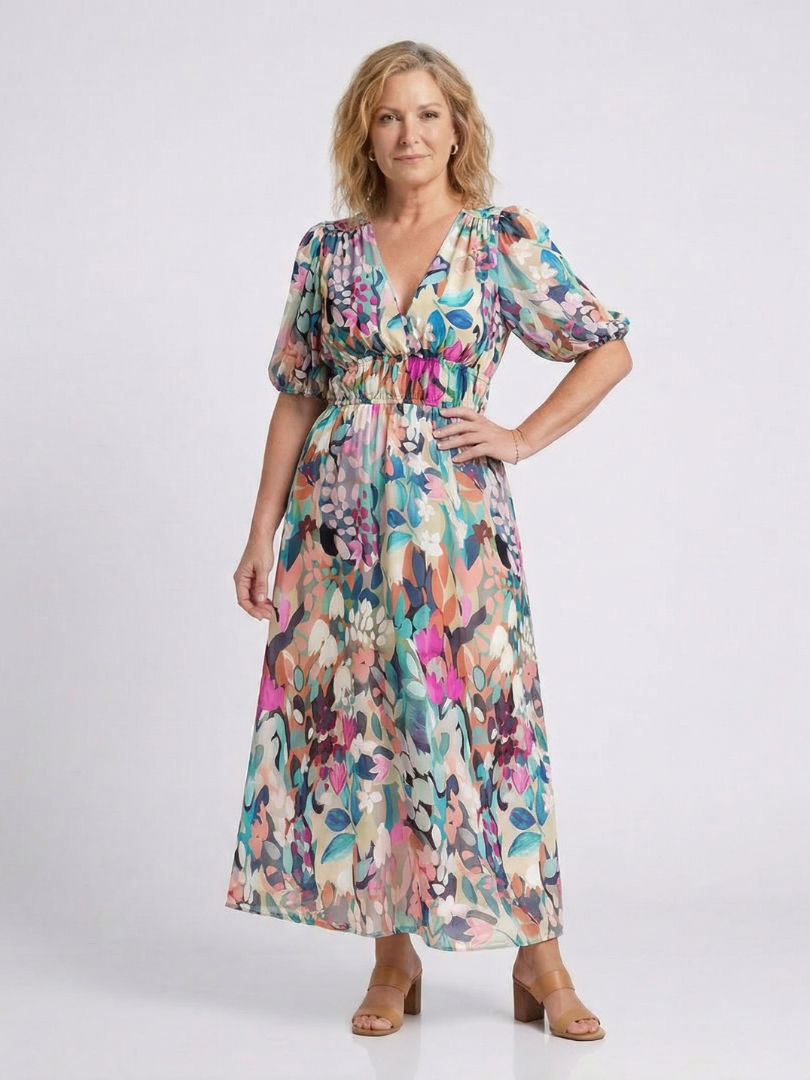 Amalberga — Multicolour Floral V-Neck Midi Dress with Puff Sleeves and Gathered Waist