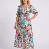 Amalberga — Multicolour Floral V-Neck Midi Dress with Puff Sleeves and Gathered Waist