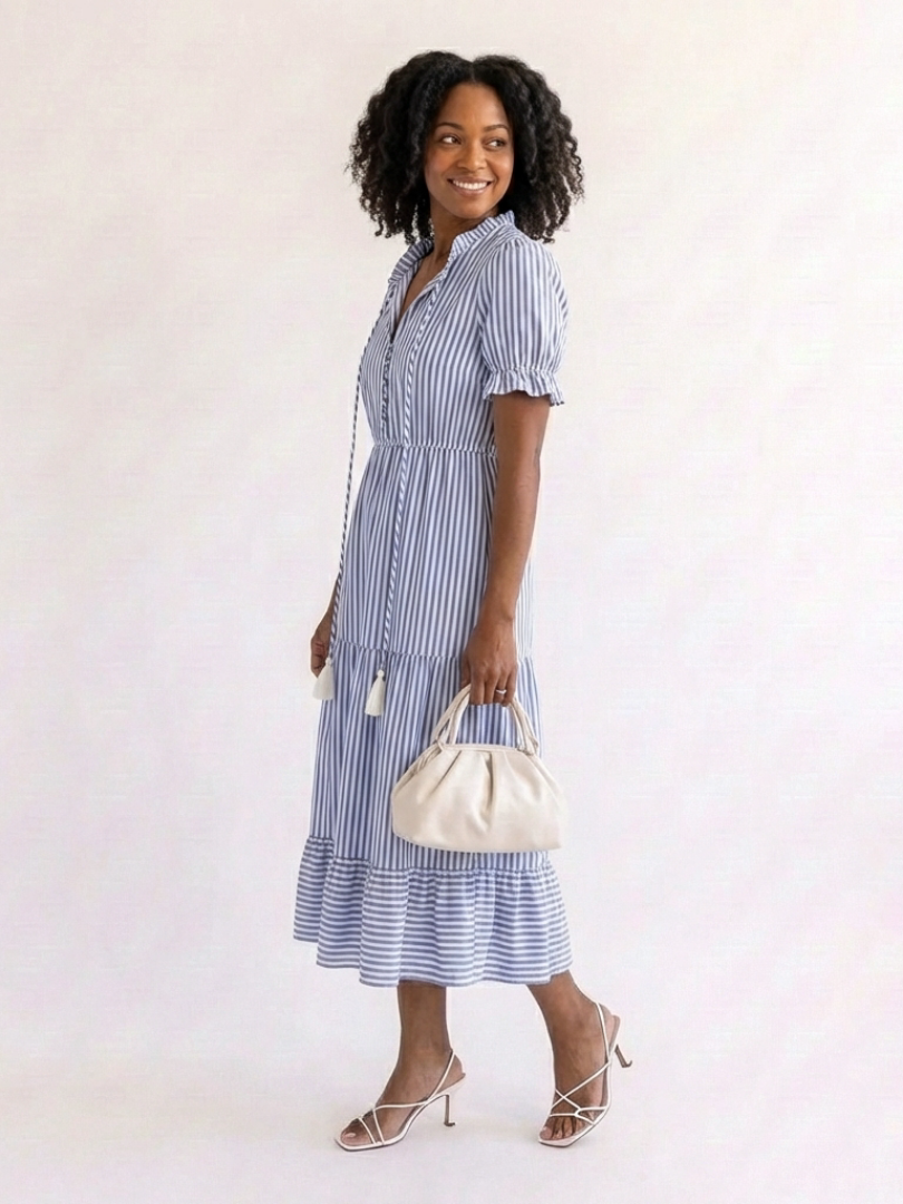 Juta — Periwinkle Blue V-Neck Tiered Midi Dress with Tassel Ties