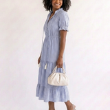 Juta — Periwinkle Blue V-Neck Tiered Midi Dress with Tassel Ties
