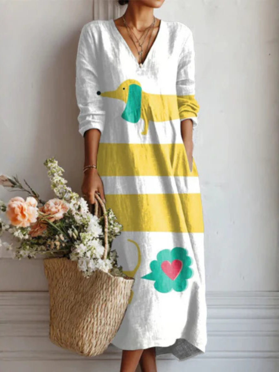 Aziza — White and Yellow Striped Novelty-Print V-Neck Boho Maxi Dress