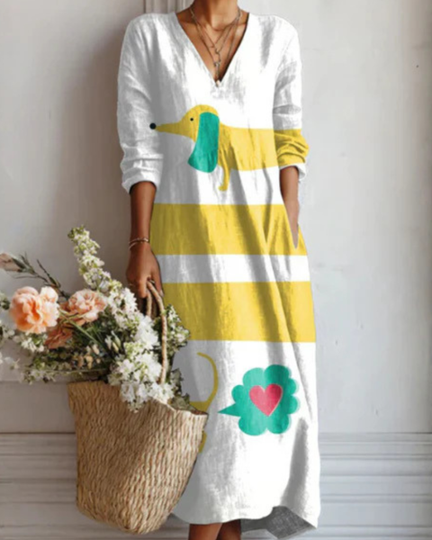 Aziza — White and Yellow Striped Novelty-Print V-Neck Boho Maxi Dress